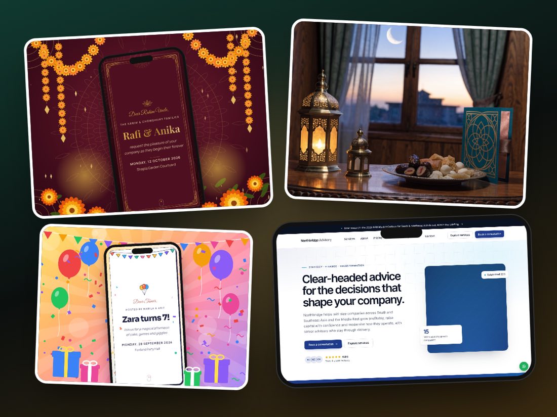 Moments that deserve to be shared: a wedding card, an Eid greeting, a birthday card and a local business website