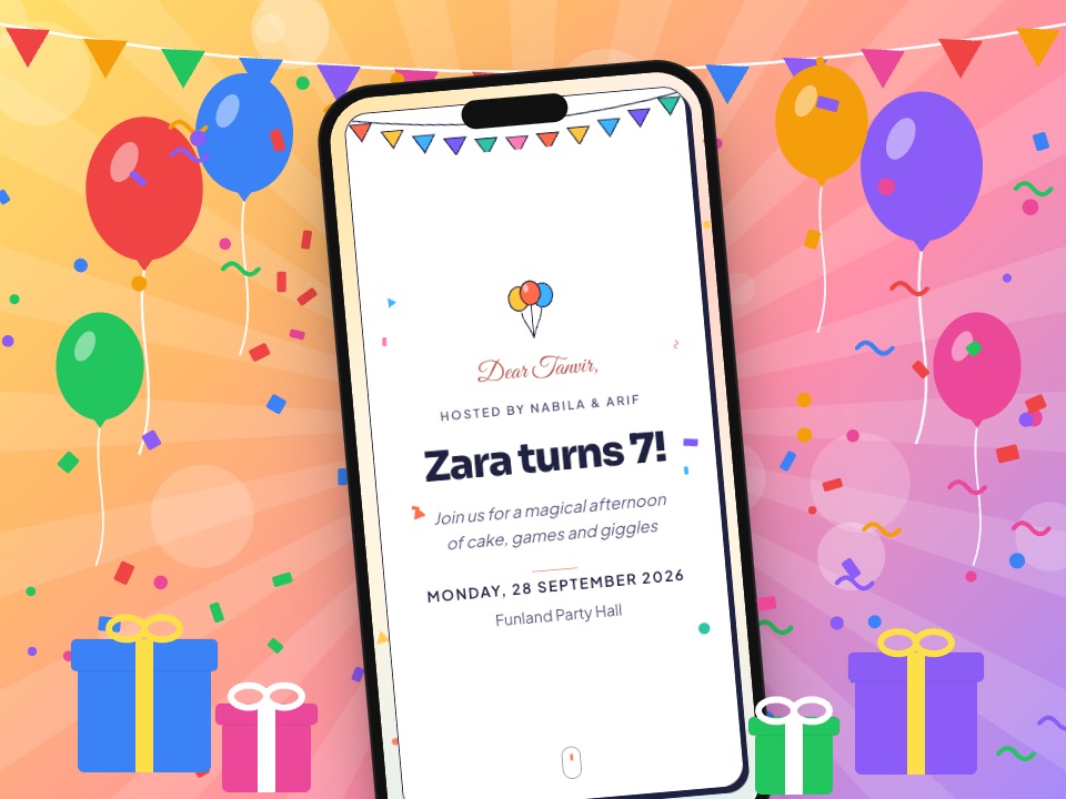 A bright birthday party invitation on a phone with balloons, confetti and gift boxes