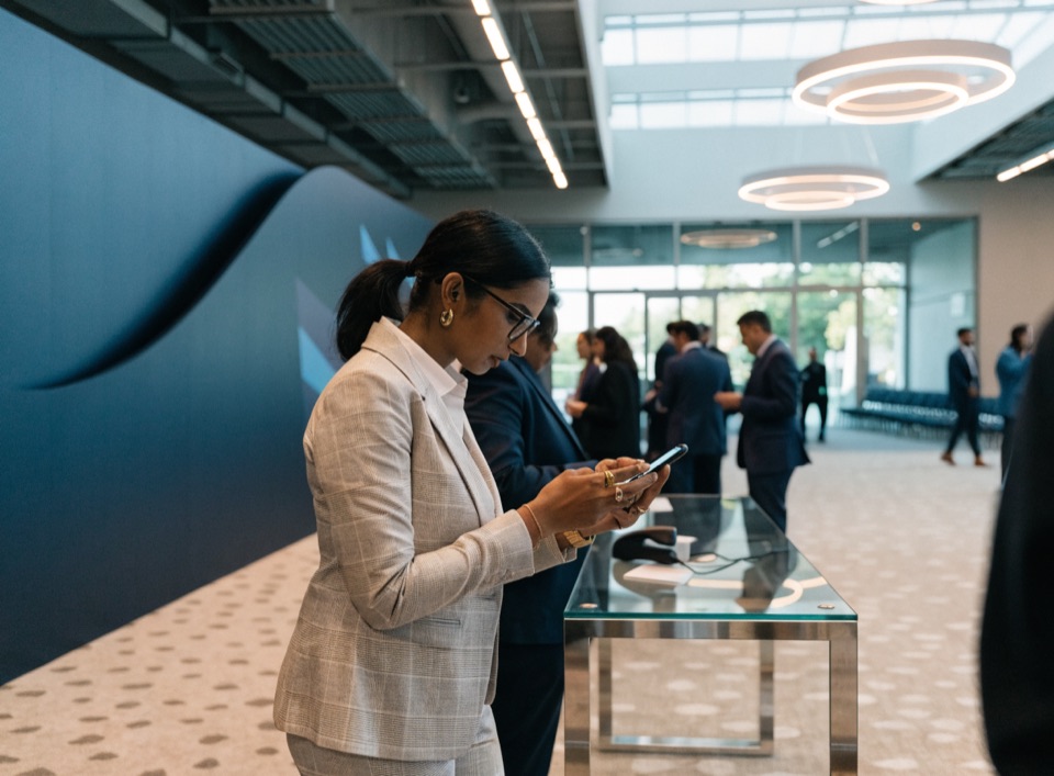 A guest checking her event invitation on her phone at a company event
