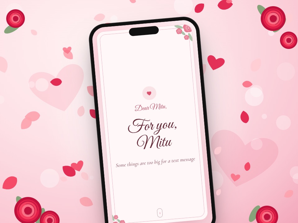 A blush pink love card on a phone, surrounded by roses and falling petals