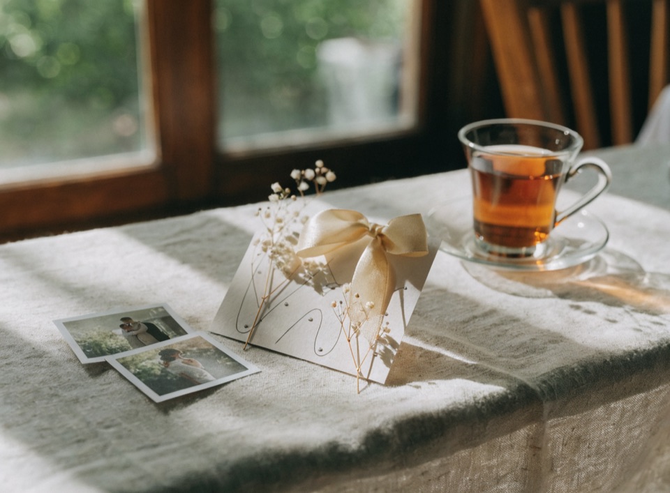 A thank-you card with a ribbon next to photos and a cup of tea