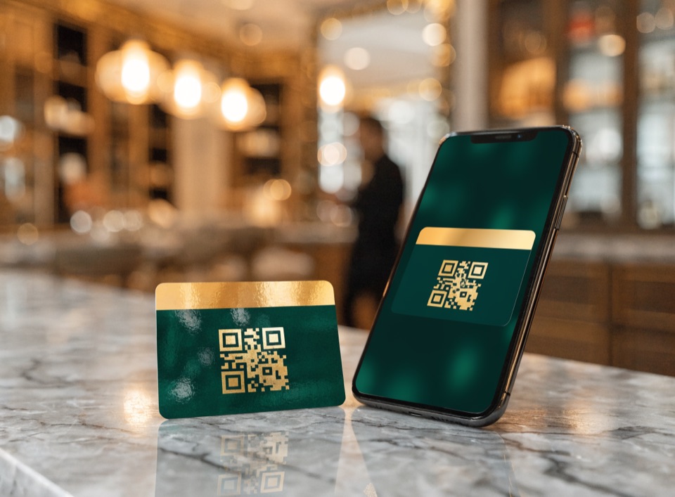 A green gift voucher with a QR code, shown as a card and on a phone at a shop counter
