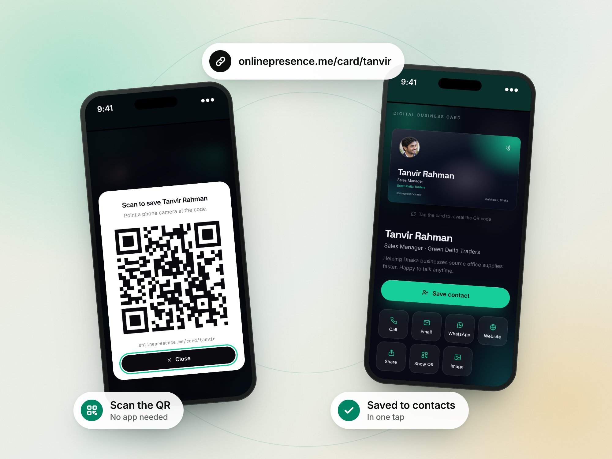 One phone showing a QR code to scan and another showing a digital business card with a Save contact button