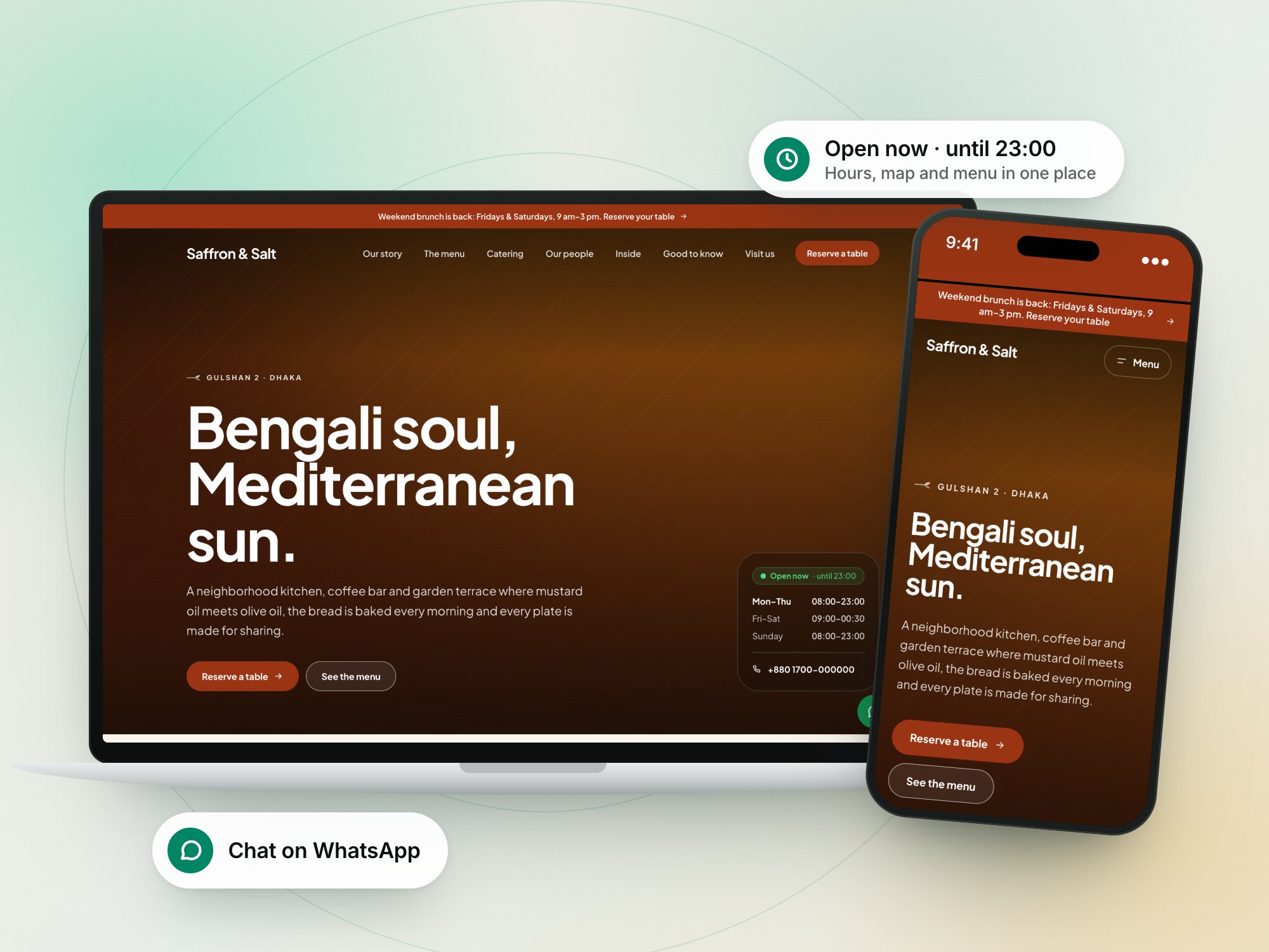 A clean restaurant website on a laptop and a phone showing opening hours and a WhatsApp chat button