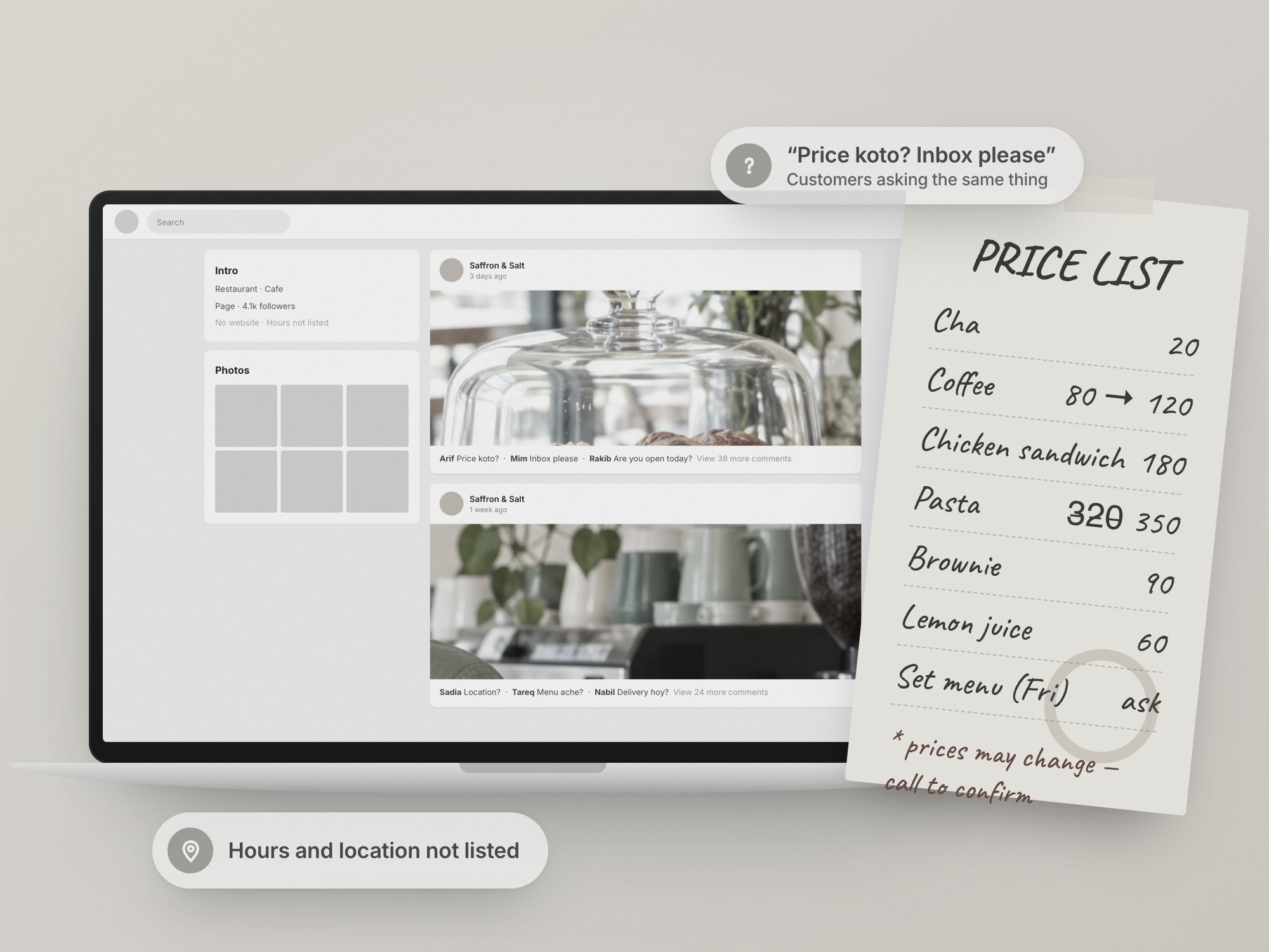 A restaurant's social media page full of unanswered price and location questions, next to a handwritten price list with crossed-out prices
