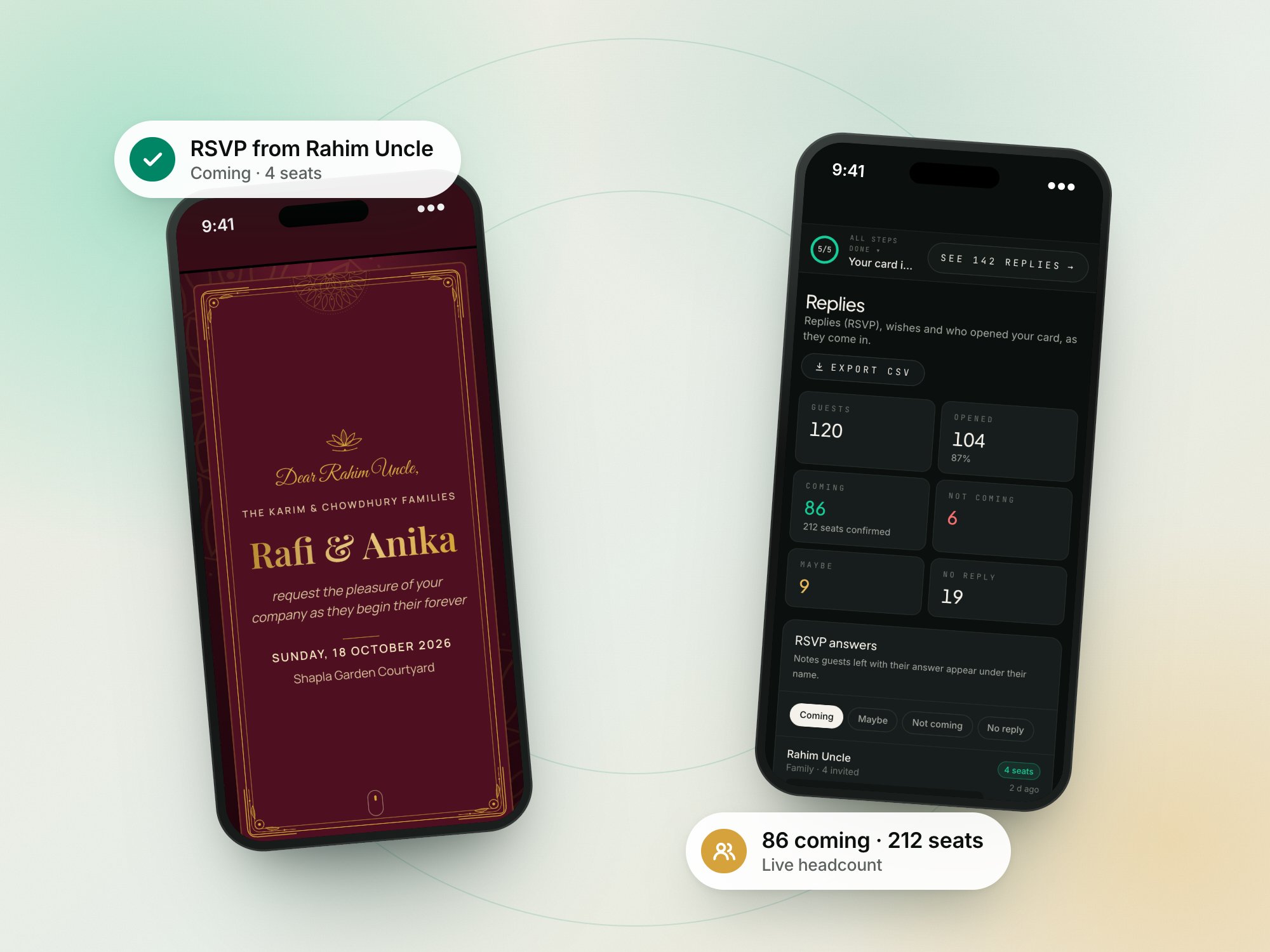 A digital wedding invitation on one phone and a live list of guest replies with the headcount on another