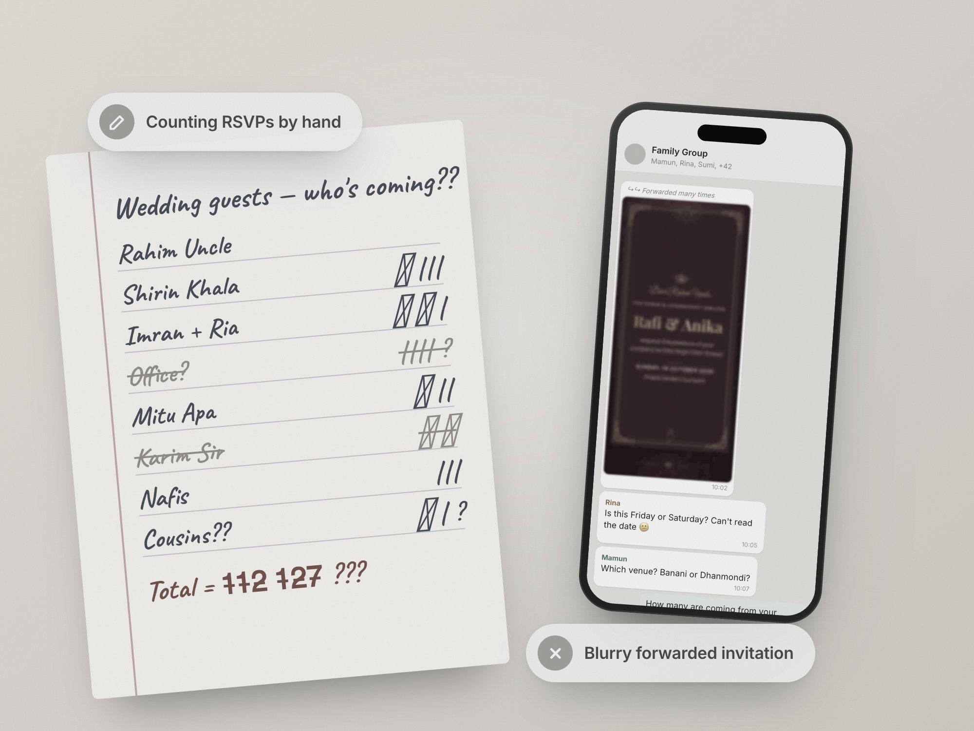 A notebook with hand-counted wedding guest tallies next to a family chat with a blurry forwarded invitation and confused questions