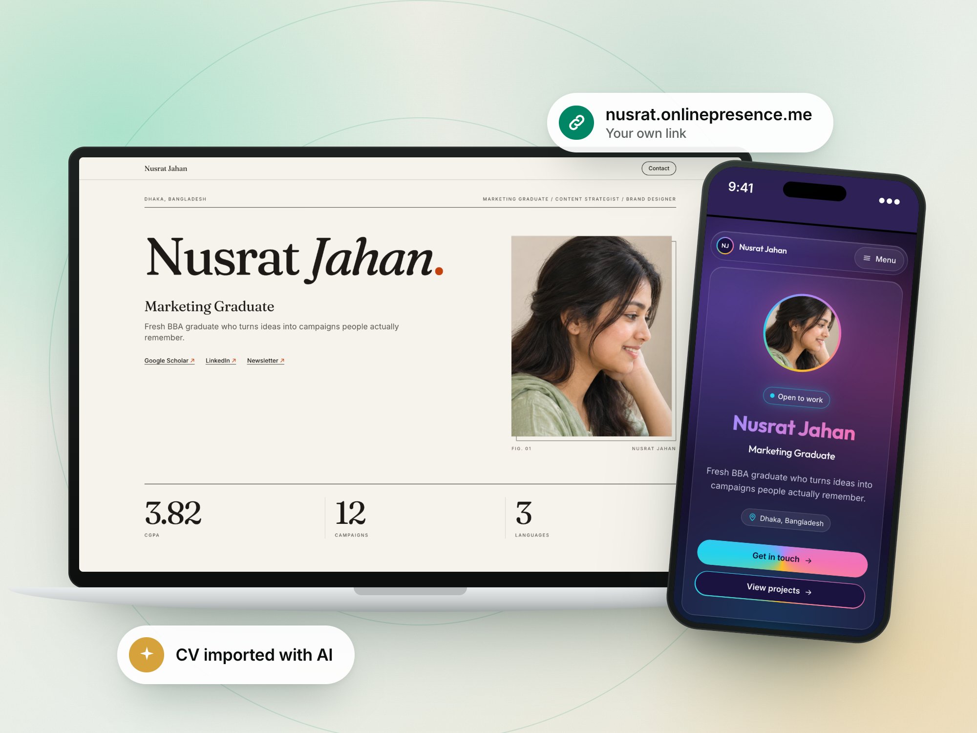 A polished personal website for a marketing graduate on a laptop and a phone, with her own web address