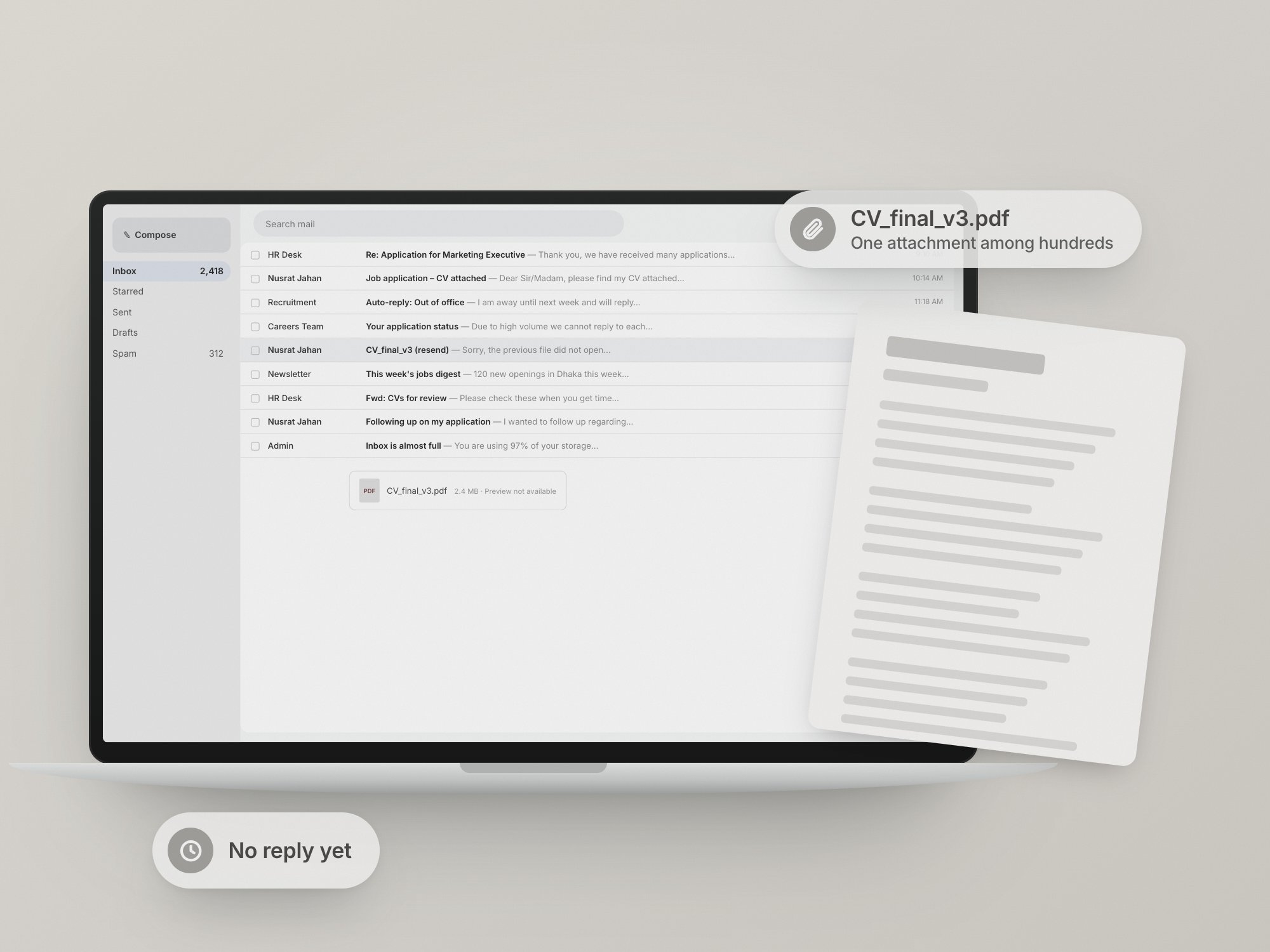 A crowded email inbox with a CV attached as a PDF that nobody has opened, next to a plain printed CV