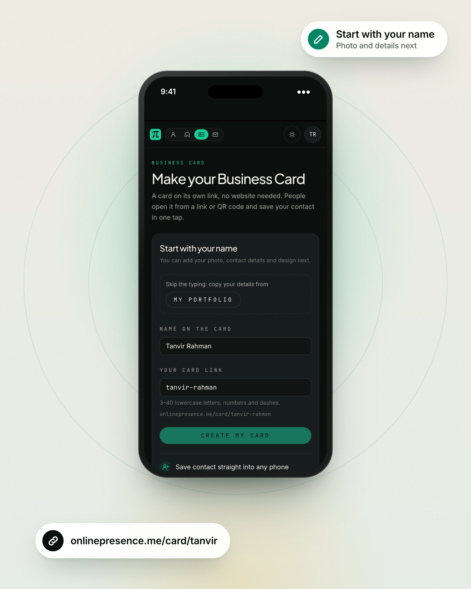 A phone showing the first step of making a business card: your name and card link