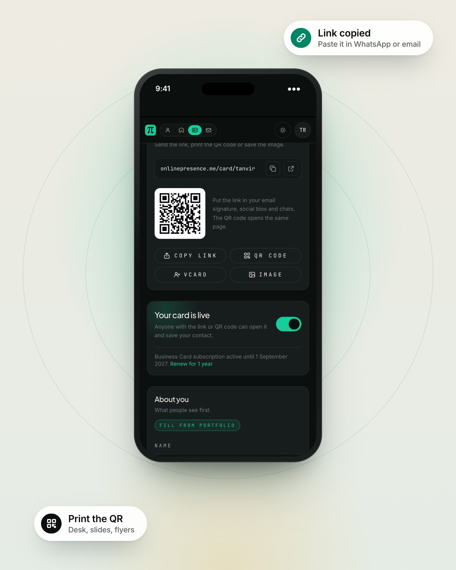 A phone showing the card's link and QR code with buttons to copy or download them