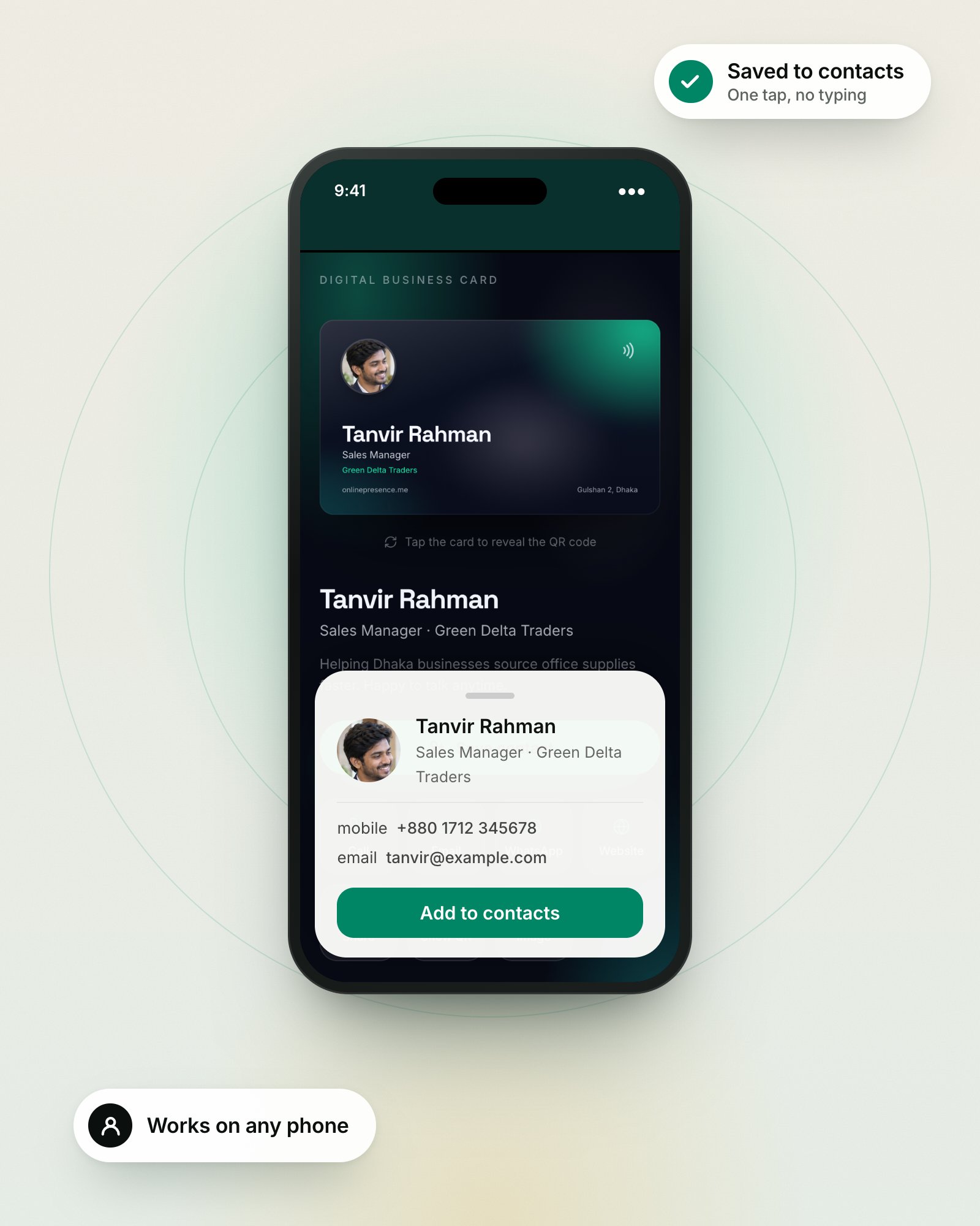 A phone showing a digital business card with an Add to contacts sheet