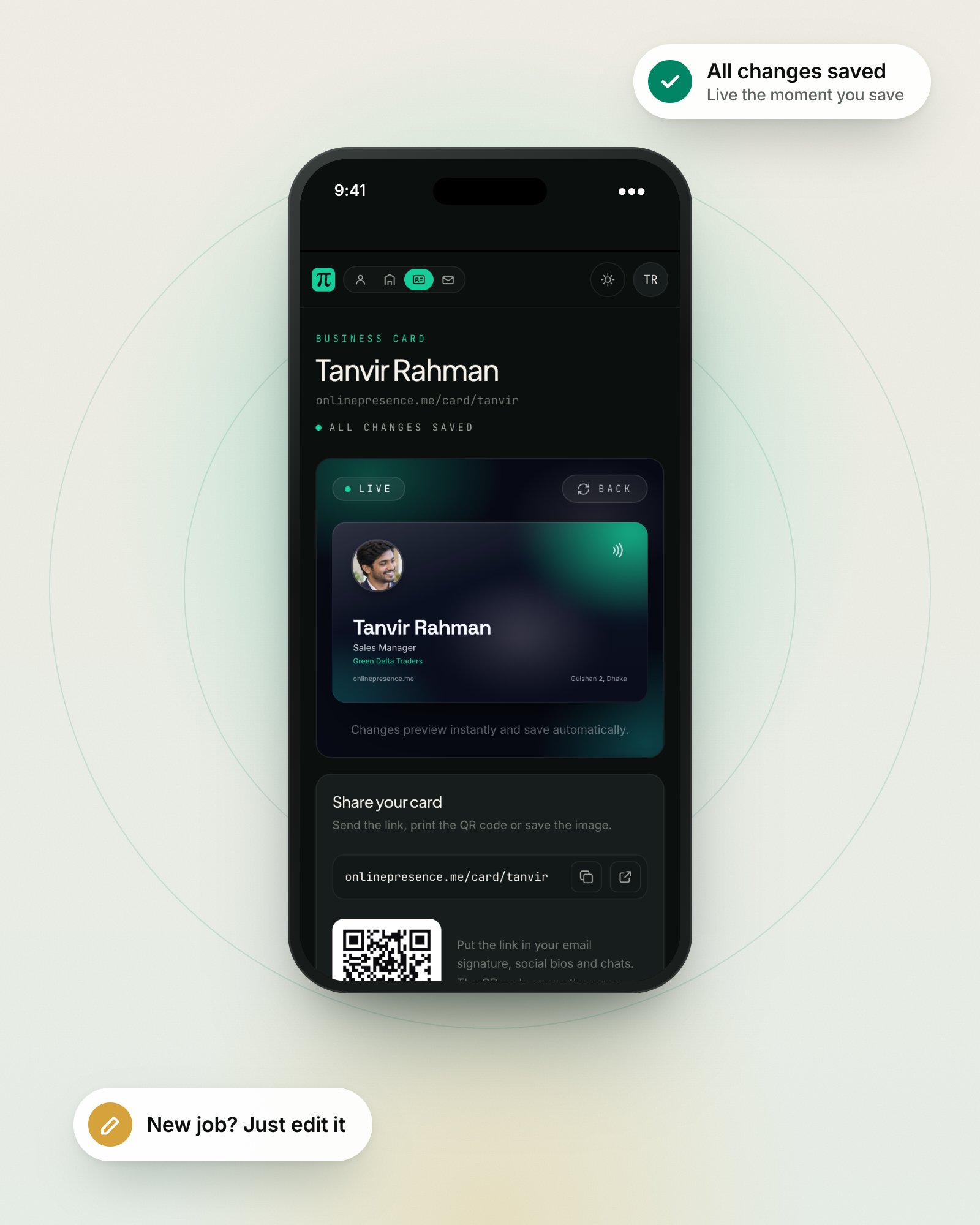 A phone showing the card editor with all changes saved and the card live