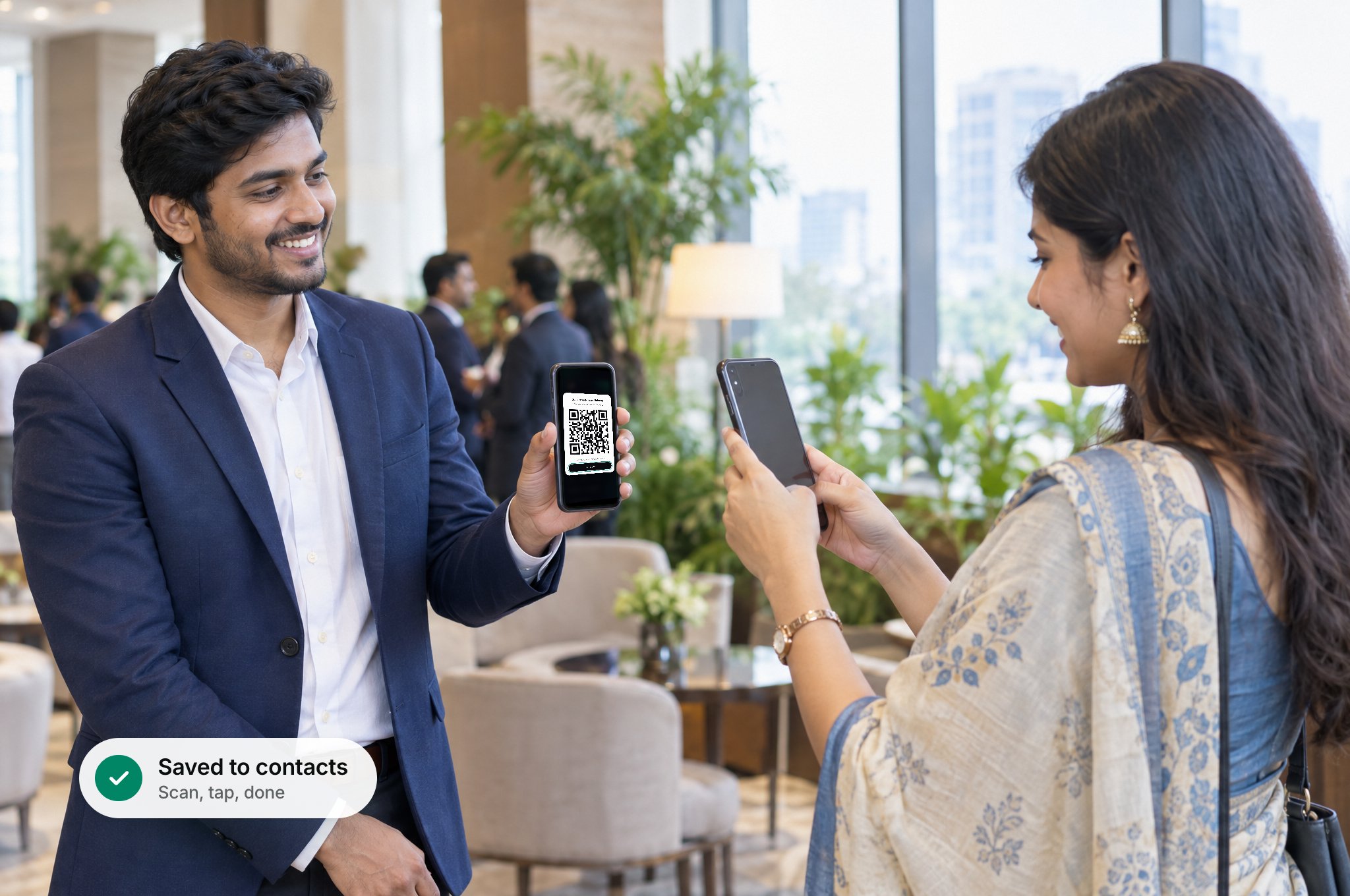At a business event, a man holds up his phone with a QR code while a woman scans it with her phone to save his contact