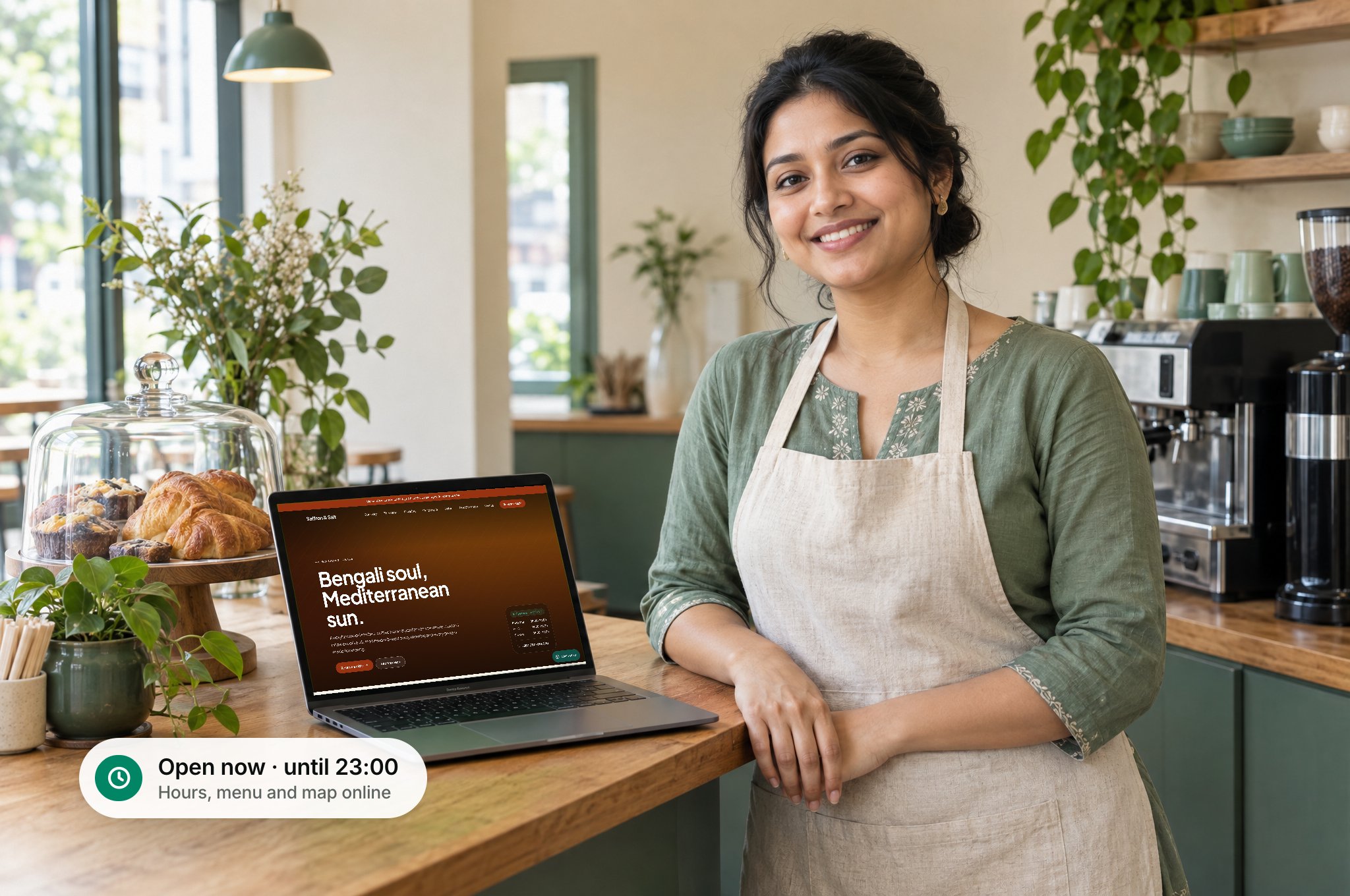 A smiling café owner at her counter next to a laptop showing her restaurant's website