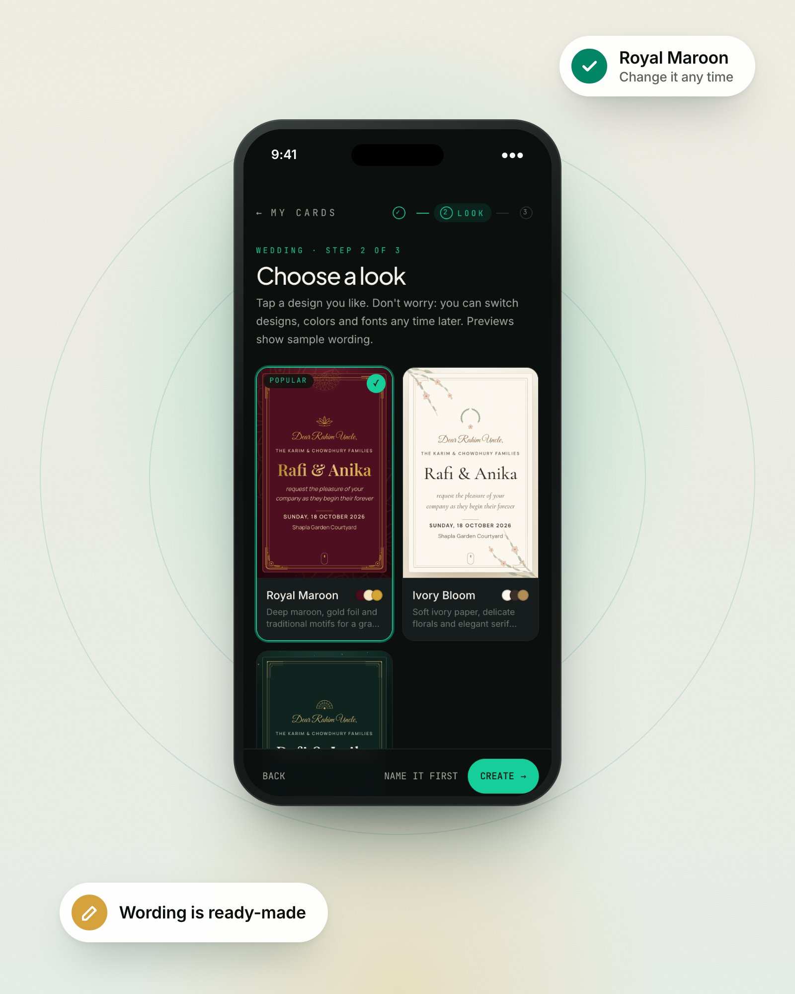 A phone showing wedding invitation designs to choose from, with Royal Maroon selected