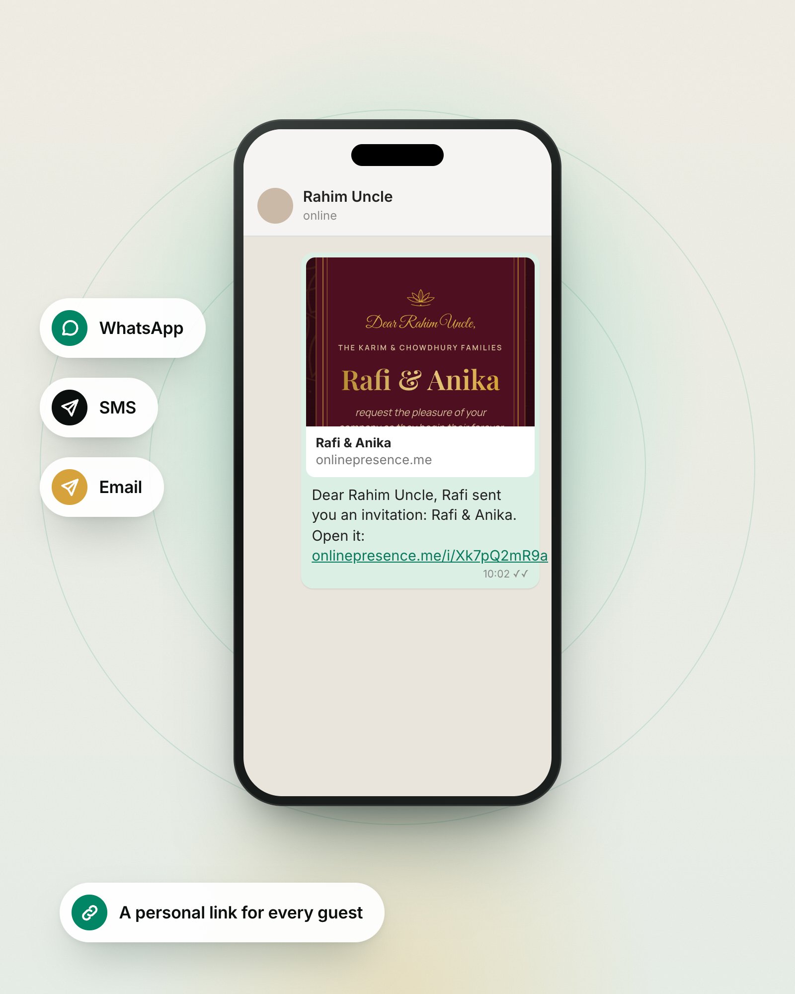 A chat on a phone with a personal invitation message and link for one guest
