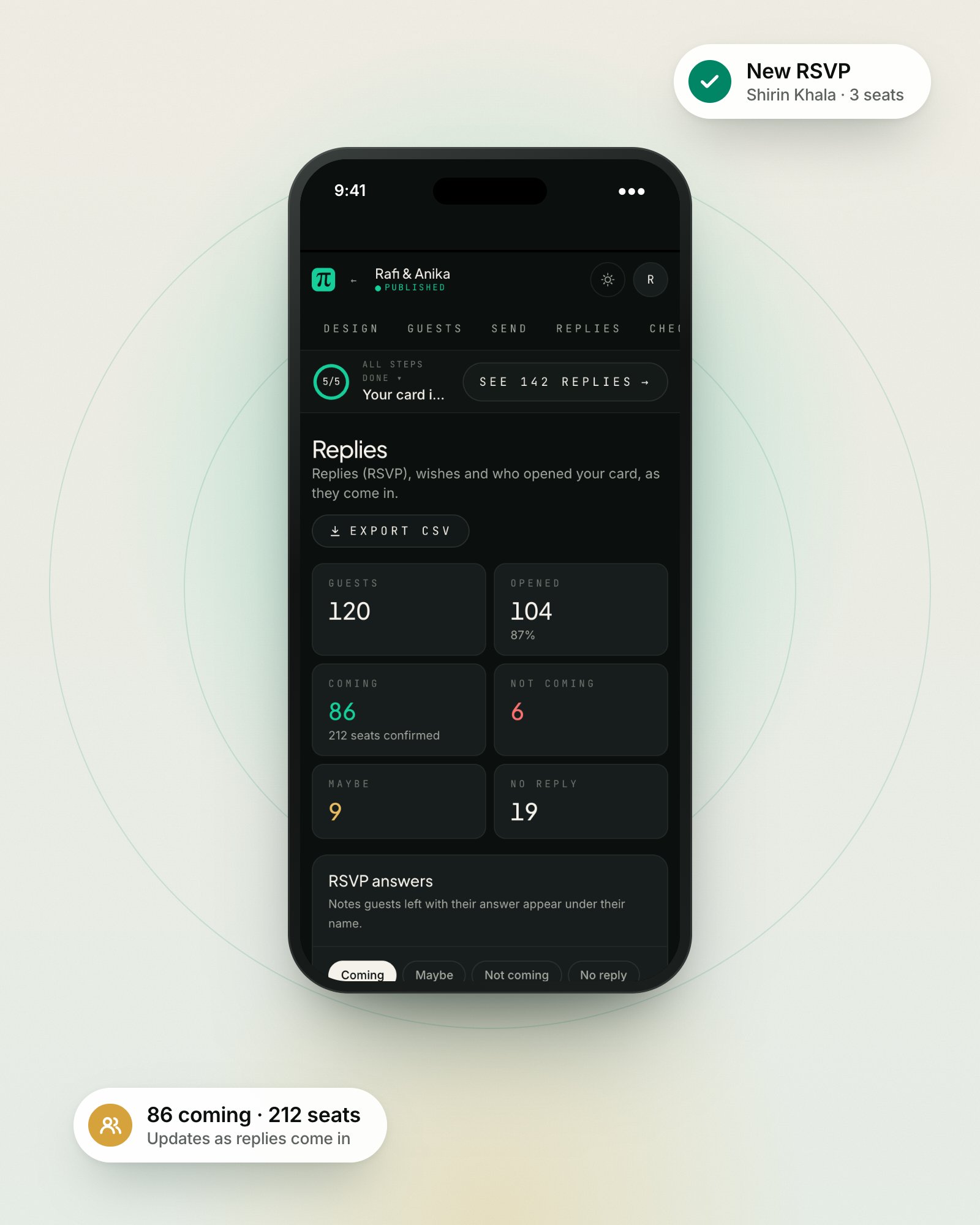 A phone showing RSVP replies: how many are coming, not coming, maybe, and seats confirmed
