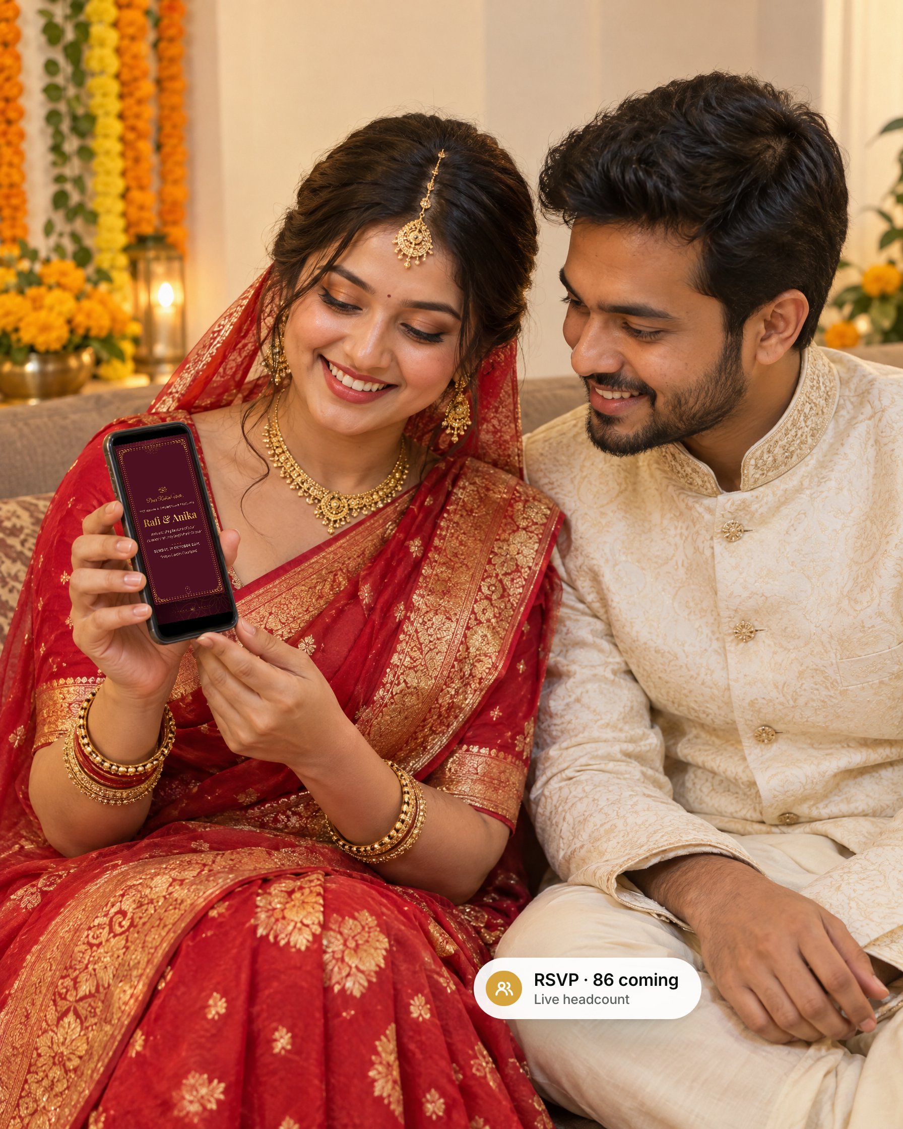 A bride and groom in traditional wedding clothes smiling at their digital wedding invitation on a phone