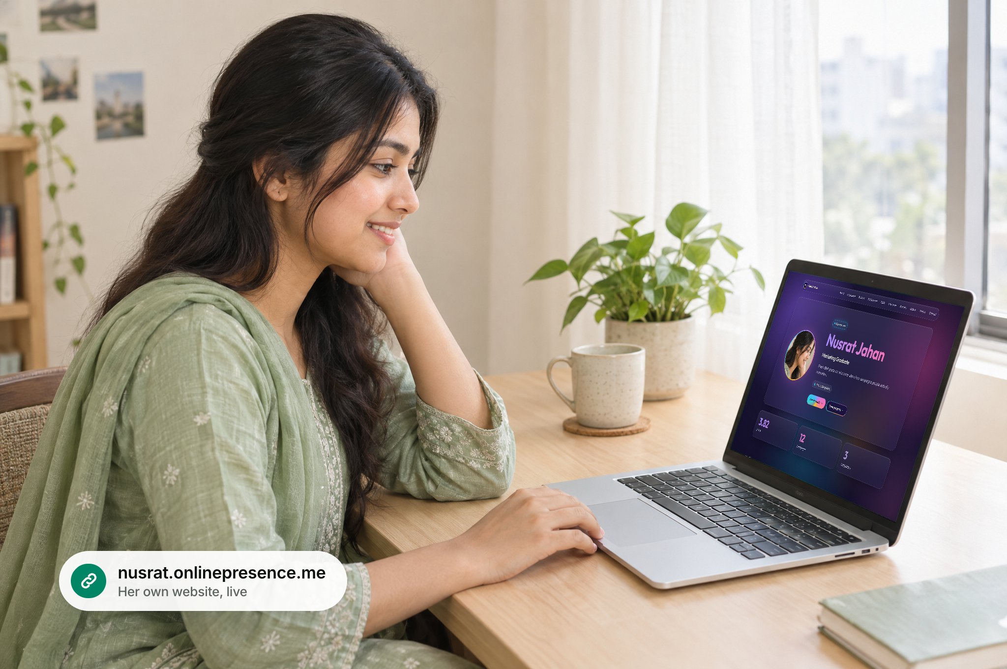 A young woman at her desk in a bright Dhaka apartment smiling at her portfolio website on a laptop